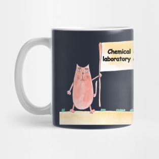 Chemical analysis laboratory assistant. Profession, work, job. Cat shows a banner with the inscription. Watercolor illustration. A gift for a professional. Mug